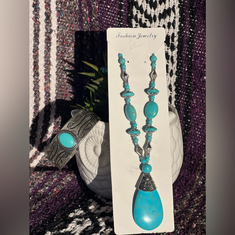 NWT fashion jewelry faux turquoise necklace and cuff bracelet.